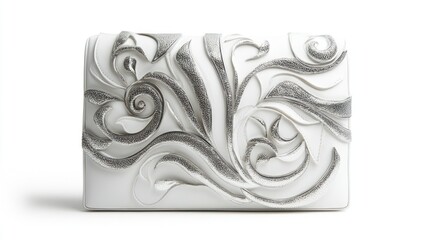 Stylish white clutch bag with metallic accents, isolated on a clean white background, luxury design.