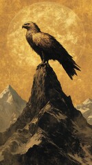 Fototapeta premium Majestic Eagle Perched Atop a Mountain Peak Underneath a Golden Moon