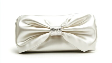 Stylish white clutch bag with metallic accents, isolated on a clean white background, luxury design.