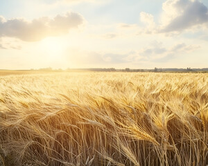 A sunlit field with golden wheat swaying gently in the breeze, under a vast, open sky, with warm tones throughout the scene