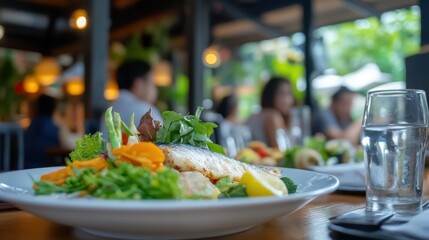 Freshly Prepared Healthy Dish with Colorful Salad and Cooked Fish