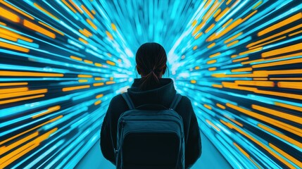 A silhouette of a person with a backpack stands before a vibrant, abstract backdrop of blue and orange light trails, evoking a sense of movement and exploration.