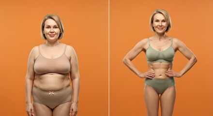 Transformation journey of mature caucasian woman from overweight to fit against orange background