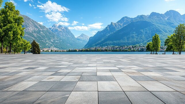 Empty square floor and lake with mountain background.