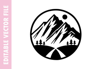 Obraz premium black and white tree, mountain vector silhouette illustration