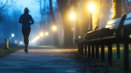 Fototapeta premium Early Morning Jogger in Foggy Park with Streetlights Glowing Softly