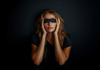 Beautiful tanned woman with long hair gently covering her eyes, expressing tranquility in a dark setting, showcasing a moment of relaxation and self-care