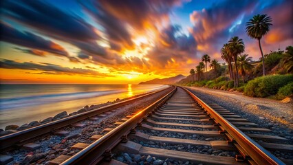 Fototapeta premium Santa Barbara Sunset: Long Exposure Train Tracks, California Coastal Railroad Scene