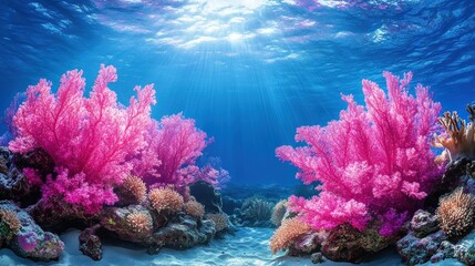 Fototapeta premium Vibrant coral reef, underwater scene with sunbeams and pink coral.