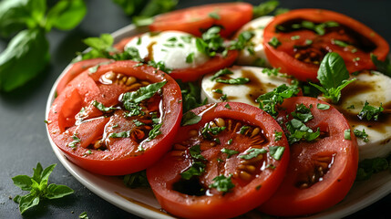 Close-up of a fresh Caprese salad with ripe tomatoes, creamy mozzarella, and fragrant basil leaves, drizzled with balsamic glaze.