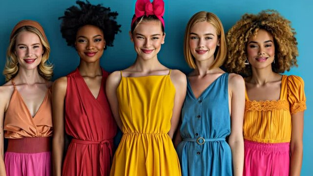 Five models showcase vibrant clothing styles against a colorful backdrop in a fashion presentation