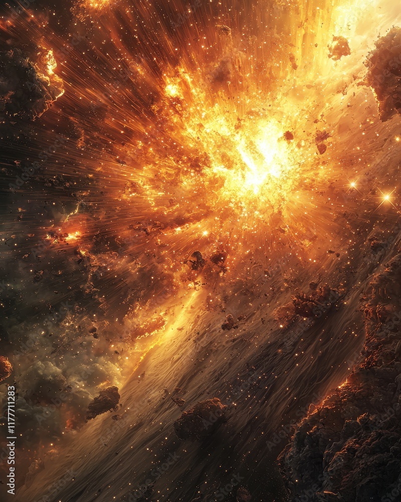 Poster explosive stellar burst event in cosmic space hyperrealistic art celestial environment dramatic view