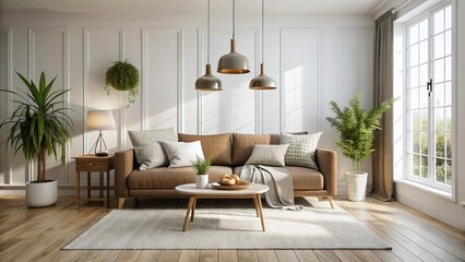 Scandinavian Minimalist Living Room Interior: Taupe Sofa, Dark Wood, Earthy Decor