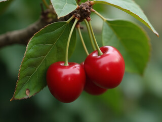 Obraz premium Fresh Red Cherries Hanging on a Tree Branch