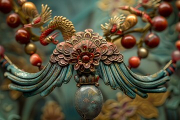 Fototapeta premium Intricately crafted necklace featuring a dragon and phoenix, traditional symbols of chinese culture, showcasing the beauty of ancient craftsmanship