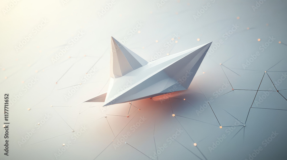 Poster a polygonal paper airplane gliding through its route, designed with triangles, dots, and a network o