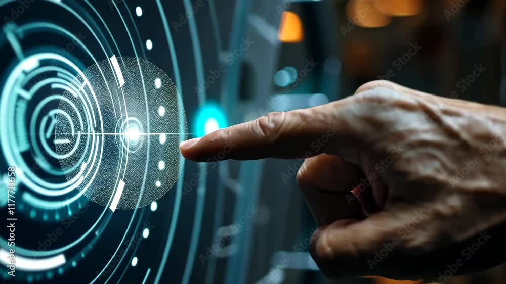 Poster interactive technology demonstration showcasing hand gesture control in a futuristic environment