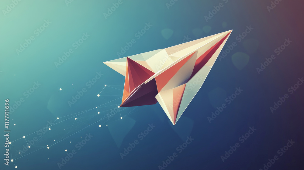 Poster a polygonal paper airplane gliding through its route, designed with triangles, dots, and a network o