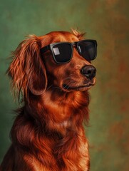 Cool Dog in Sunglasses:  A handsome red dog with a confident gaze wears cool black sunglasses against a green background.  The image conveys a sense of fun and playfulness. 