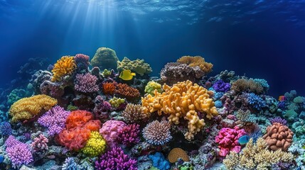 Vibrant coral reef with sun rays underwater.