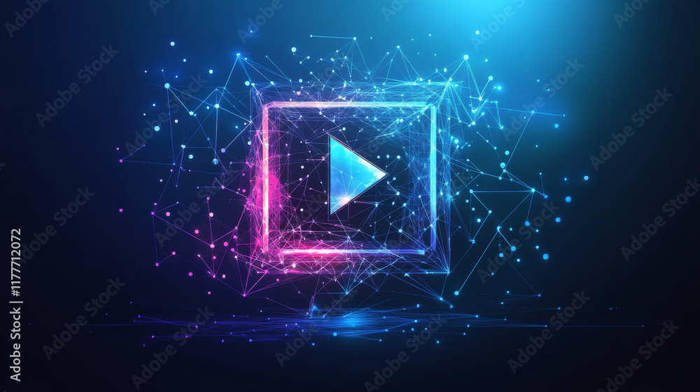 Poster a hologram of the video. the video icon consists of polygons, triangles of dots and lines. the video