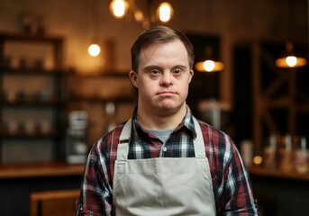 Obraz premium Young caucasian male barista in cafe setting wearing apron