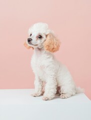 Toy Poodle Puppy Posing: A  adorable white toy poodle puppy with fluffy fur and  peach colored ears sits patiently on a white table.