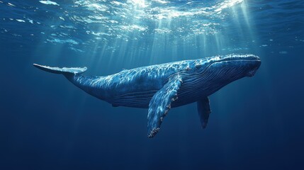 Naklejka premium Majestic whale swimming in ocean depths underwater scene hyperrealistic art tranquil environment serene viewpoint