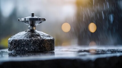 Close-Up of Water Fountain Nozzle with Raindrops in Soft Light