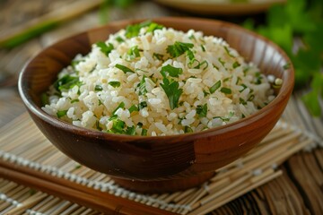 Steaming white rice topped with fresh herbs is served in a wooden bowl