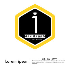 1st year anniversary celebration emblem. hexagon anniversary logo with ribbon. medal badge frame on white background. vector illustration template design for web, flyers, poster, greeting card