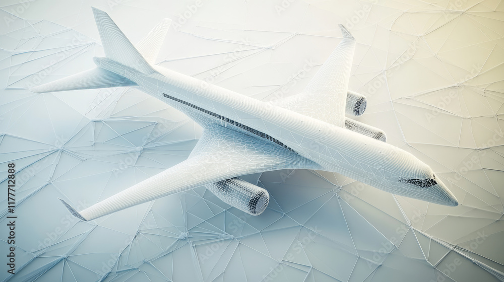 Poster hologram plane. plane made of polygons, triangles, dots, and lines. low-poly plane structure of conn