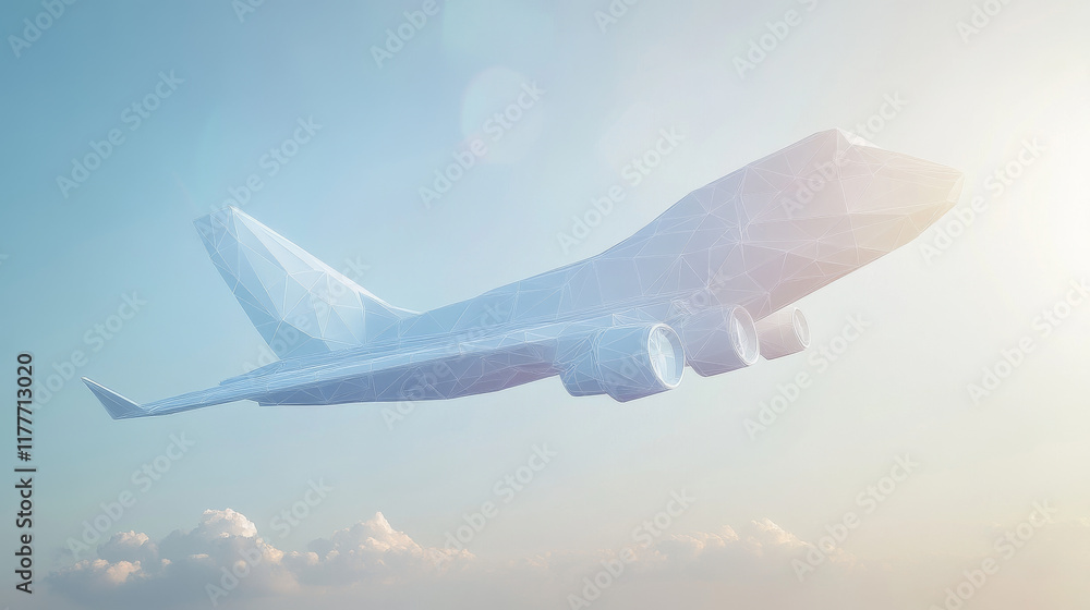 Poster hologram plane. plane made of polygons, triangles, dots, and lines. low-poly plane structure of conn