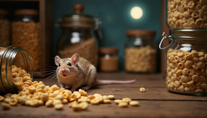 Mouse alongside spilled cereals in an old-fashioned pantry with twilight setting and soft ambient light