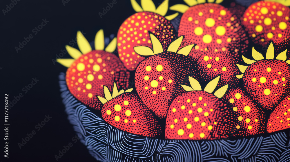 Poster basket with strawberry particles on a dark background. strawberry of circles and dots