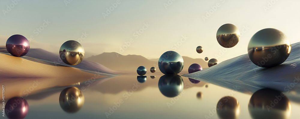 Aufkleber a surreal landscape of floating metallic orbs in various sizes and colors, hovering over a smooth, r
