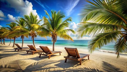 Fototapeta premium Serene Beach Scene: Lounge Chairs, Palm Trees, and Clear Blue Sky - Long Exposure Photography