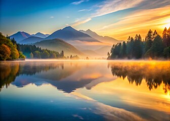 Fototapeta premium Serene Calm Lake at Dawn: Still Water, Misty Mountains, Peaceful Nature