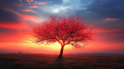 Obraz premium A stunning spring landscape featuring a red heart-shaped tree at sunset, surrounded by blooming flowers 
