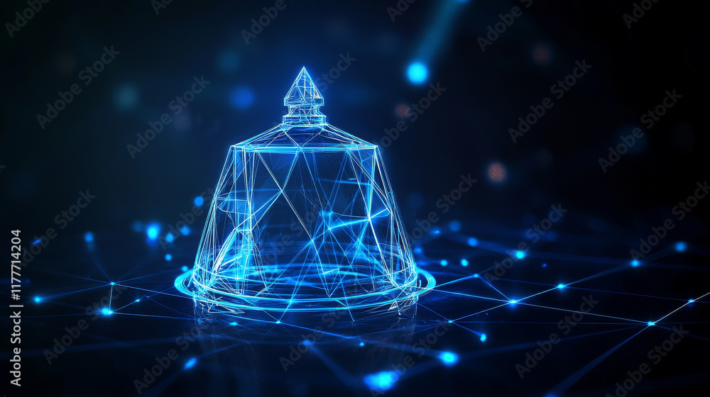 Poster a hologram of a cloche. a cloche of polygons, triangles of points and lines. the tray has a low poly