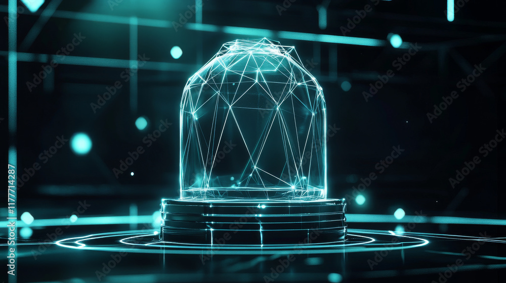 Poster a hologram of a cloche. a cloche of polygons, triangles of points and lines. the tray has a low poly