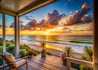 Fototapeta premium Serene Coastal Escape: Beach House Ocean View Relaxation