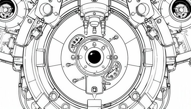 Intricate circular mechanical design with detailed components and connections. Ideal for industrial, sci-fi, or engineering-themed projects. Use as a blueprint or design element.