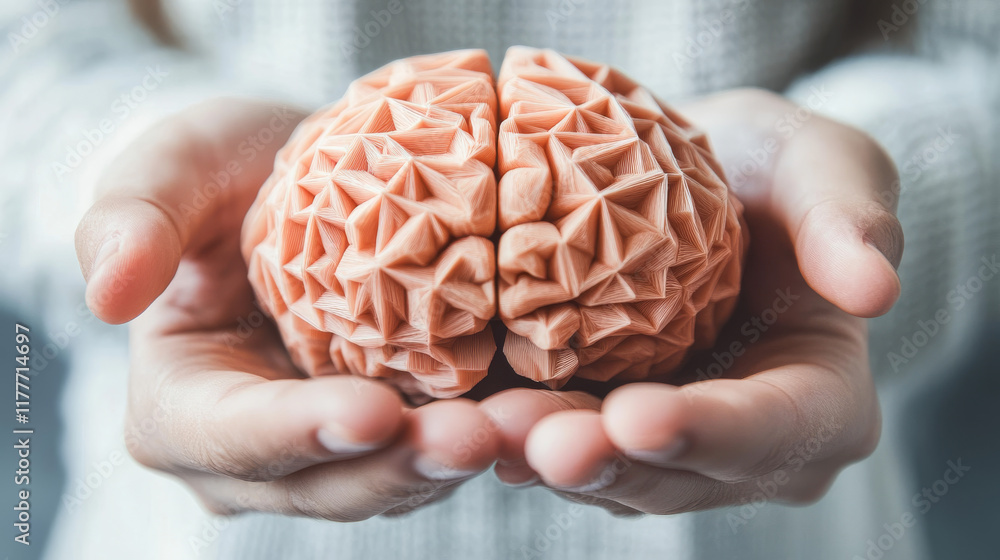 Poster a hologram of the brain in the palms of your hands. the brain is in the hands of polygons, triangles