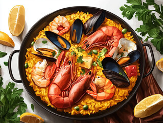 Seafood paella with vibrant ingredients highlighting Mediterranean flavors and culinary artistry