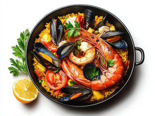 Seafood paella with vibrant ingredients highlighting Mediterranean flavors and culinary artistry