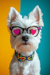 A white West Highland White Terrier wearing heart-shaped glasses, set against a colorful background