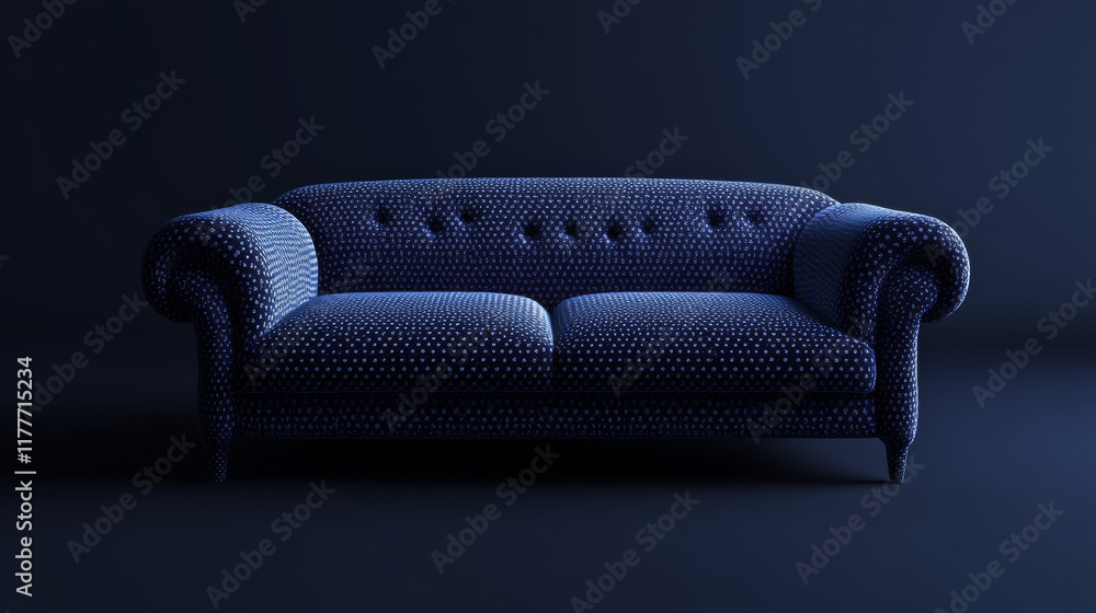 Poster sofa made of particles on a dark background. sofa of circles and dots