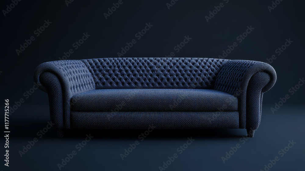 Poster sofa made of particles on a dark background. sofa of circles and dots