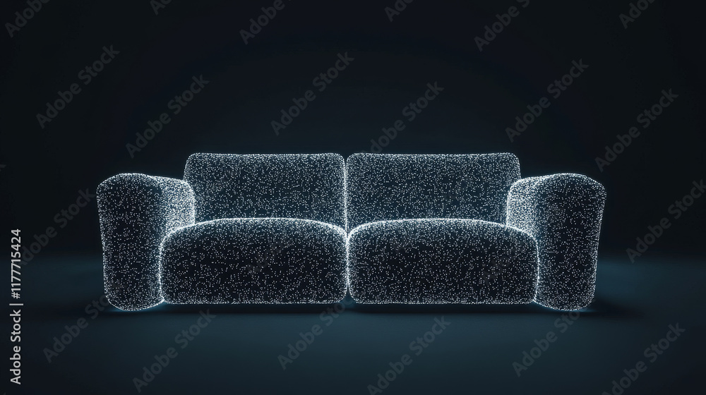 Poster sofa made of particles on a dark background. sofa of circles and dots